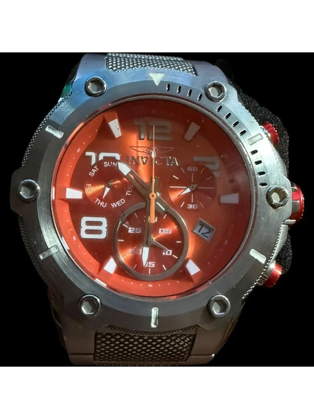 Invicta Mens Chronograph Watch With Flame-Fusion Crystal Red Dial Stainless Stee